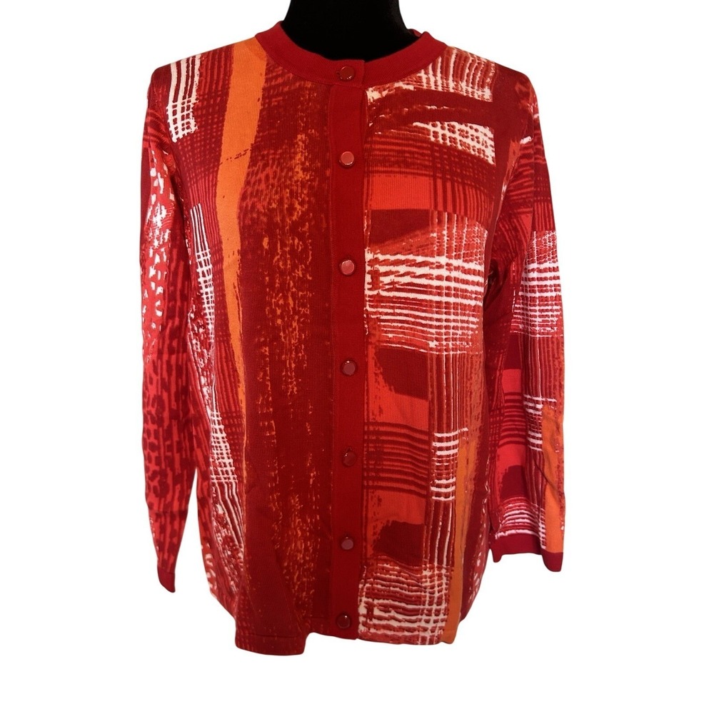 Bob Mackie Wearable Art Womens Red Abstract Mixed Print Cardigan Sweater‎ M